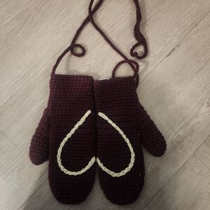Handmade Burgundy Mittens with Heart Design
